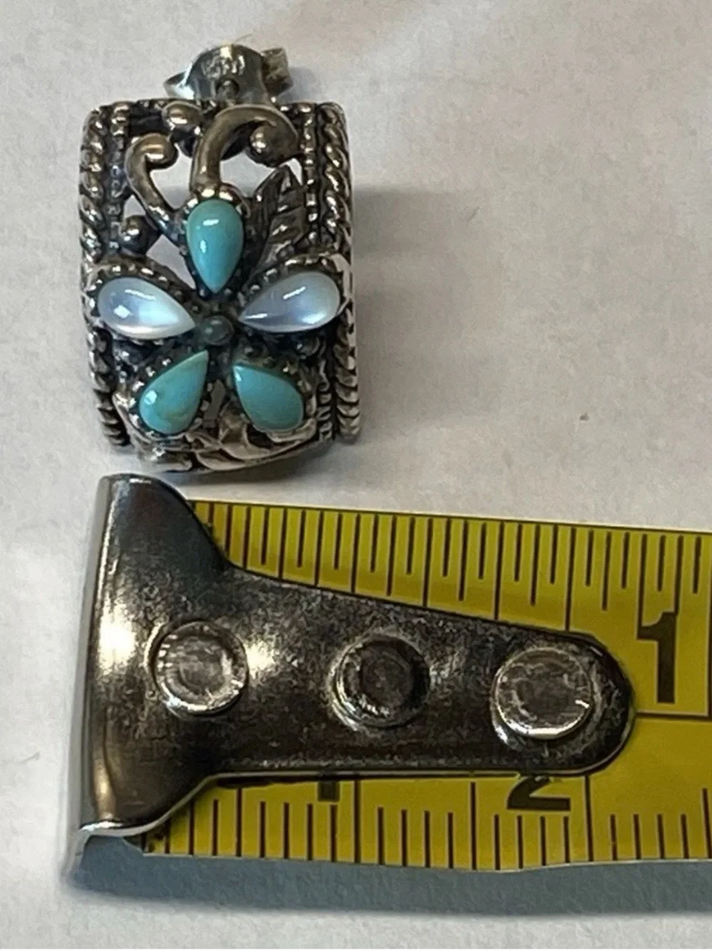 Vtg STH Sterling Silver Turquoise & Mother of Pearl Flower Slide Earrings Set